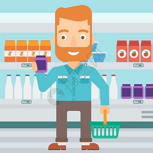 牛奶胡子在超市货架购买饮料的男士卡通矢量插画插画