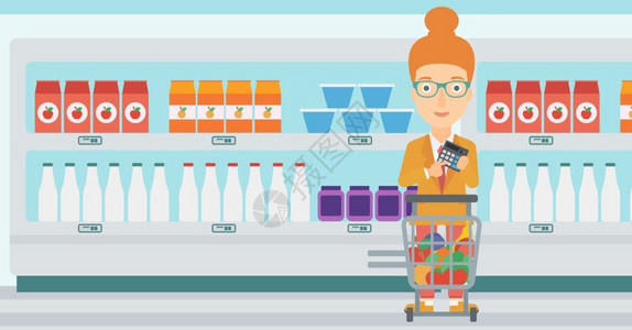 预算编制一名在超市满载产品并持有计算器的女顾客插画
