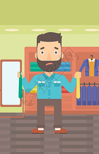 一个长胡子手持两条领带陷入纠结的男顾客矢量插画图片