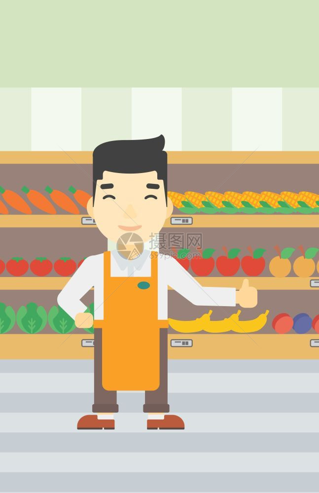 在蔬菜和水果货架旁竖起大拇指的男员工矢量插图图片