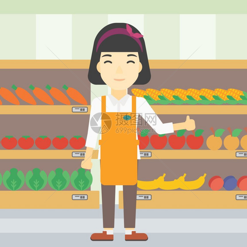 在蔬菜和水果货架旁竖起大拇指的女员工图片
