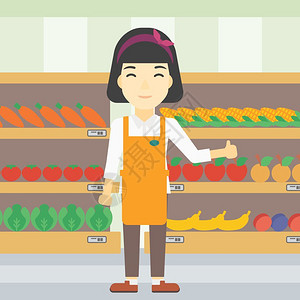 超市工作人员在蔬菜和水果货架旁竖起大拇指的女员工插画