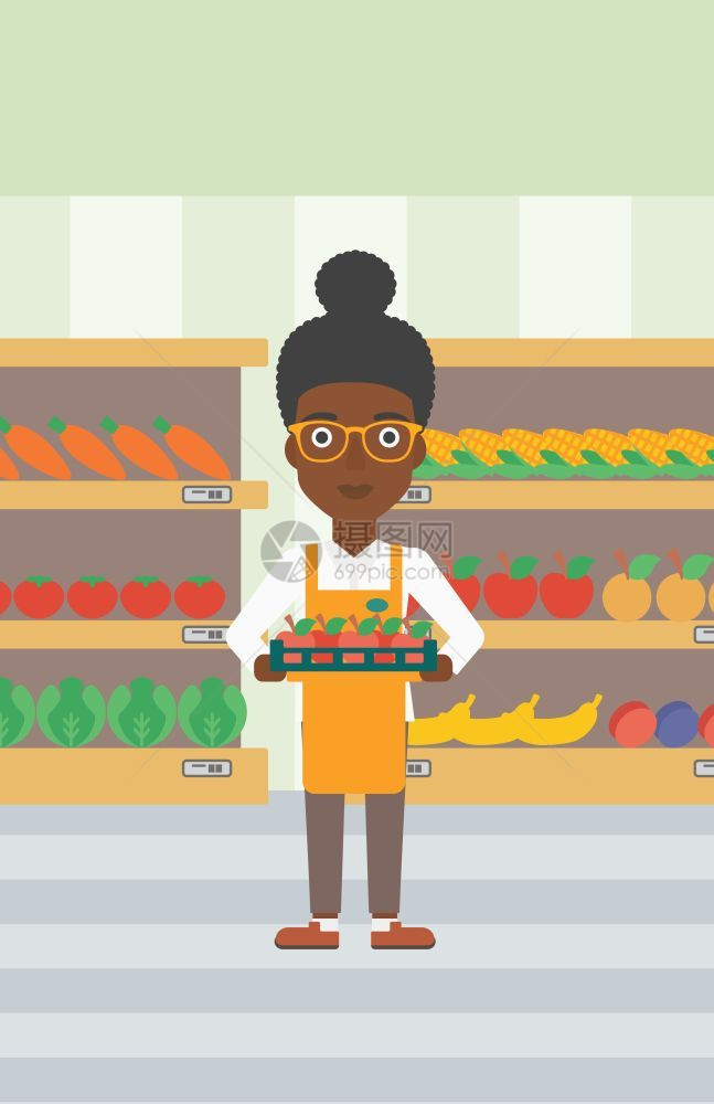 在超市货架旁端着一盘苹果的非裔女员工矢量图图片