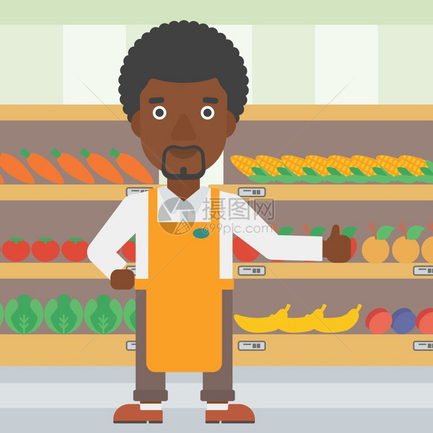 在蔬菜和水果货架旁竖起大拇指的非裔男员工矢量插图图片