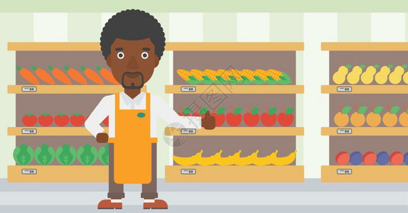 黑色笛架子一名非洲男超市工人在蔬菜和水果的架子上露出拇指点赞插画