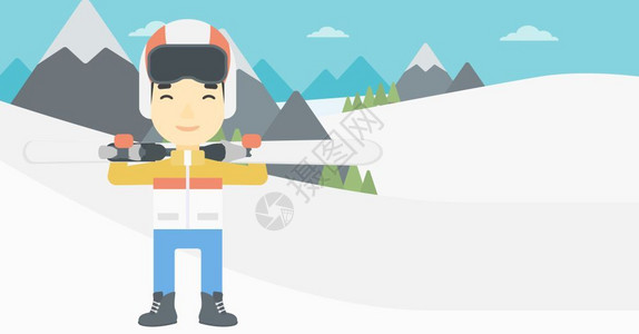 一名雪山上背着滑雪双板的男子图片