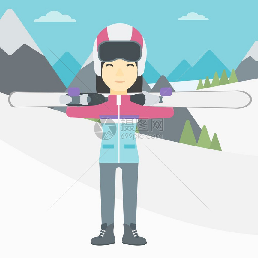 雪山上背着滑雪双板的女子图片