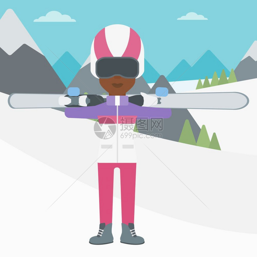 在雪山上背着滑雪双板的非裔女子图片