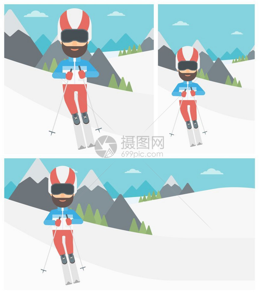 在雪山滑雪的男子插画图片