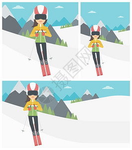 在雪山滑雪的年轻女性图片