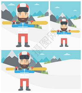 山地滑雪者在雪山滑雪的年轻男性插画