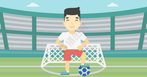 一名手持足球的亚洲运动员站在足球场上矢量图图片