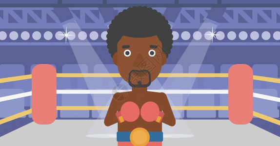 拳击男站在竞技场中央的年轻非裔男拳击手插画