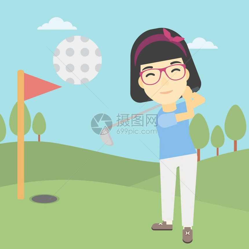高尔夫球场的职业女高尔夫球员打的年轻女子矢量图图片