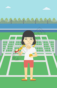一名亚洲女网球运动员站在场上运动员在场上矢量图图片