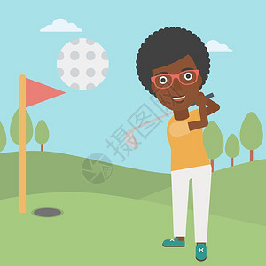 一名黑人女孩高尔夫球手打职业女高尔夫球矢量图图片