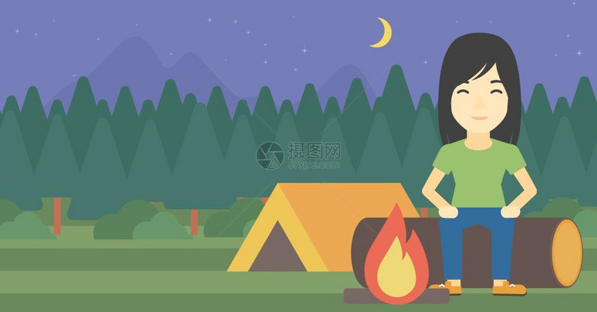 一名坐在帐篷篝火旁的女子图片