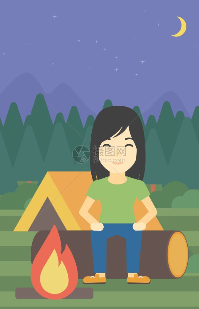 坐在帐篷篝火旁的女子矢量图图片
