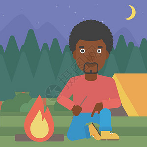 篝火火露营野外森林里露天营地点燃篝火的黑人插画设计图片