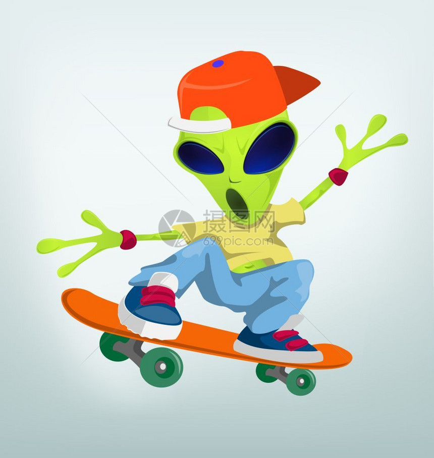 卡通外星人滑板矢量插图图片