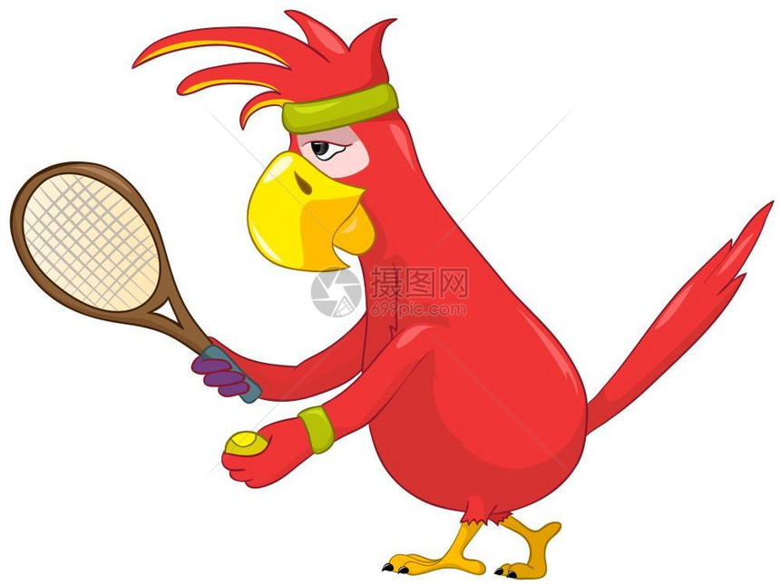 卡通滑稽的鹦鹉打网球矢量插图图片