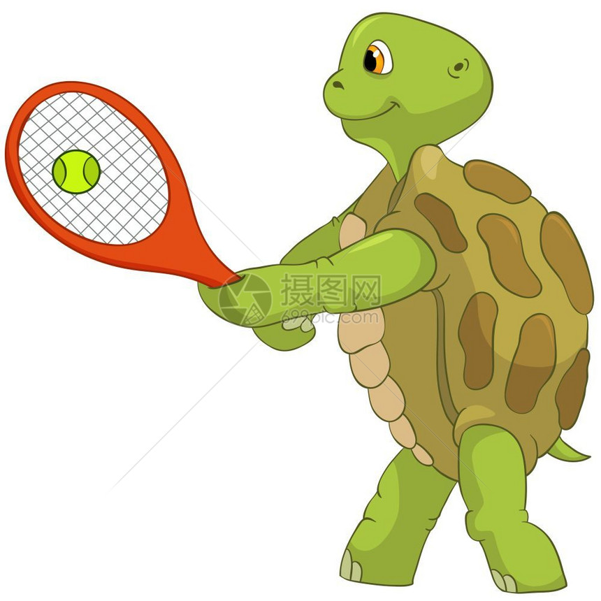 卡通滑稽海龟打网球矢量插图图片