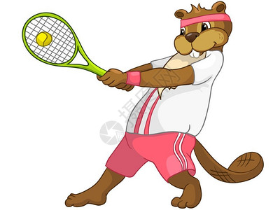 卡通可爱海狸打网球矢量插图图片