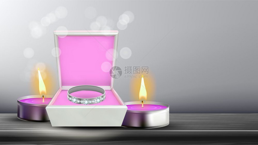 方形框条旗矢的钻石银环充满爱的女孩在订婚日环上用粉红色的内层包着装饰烧蜡烛包时美丽的惊喜现实3d插图方形盒条旗矢的钻石银环图片