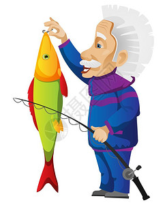 个性卷轴卡通老年渔民钓鱼矢量插图插画