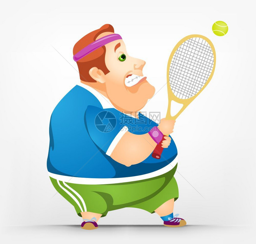 卡通打网球中年男胖子矢量插图图片