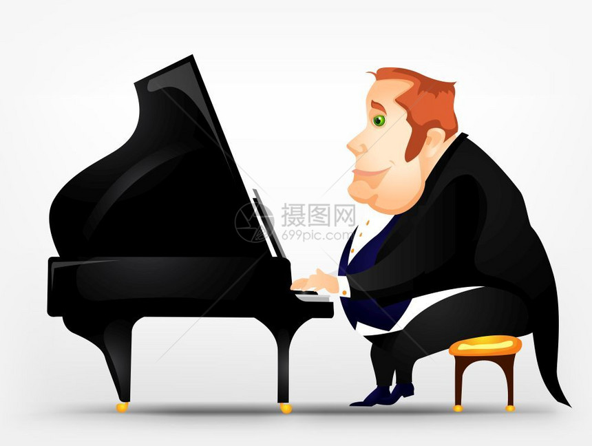 弹钢琴的胖子卡通矢量形象图片