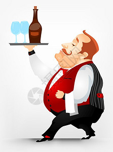 餐饮服务人员上酒的胖子卡通矢量形象插画