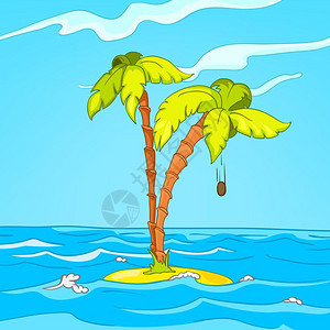 海景岛屿棕榈和冲浪矢量卡通背景图片