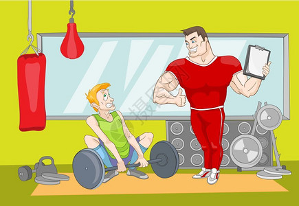 健身房卡通卡通人物可爱的青少年在健身房插画