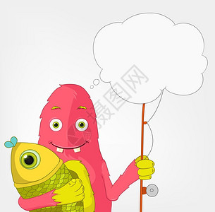 钩网格素材卡通可爱粉红色怪兽渔民矢量插图插画