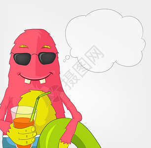 卡通可爱粉红色怪兽海滩喝饮料矢量插图高清图片