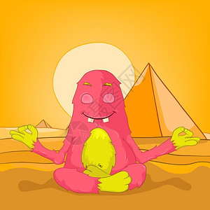 卡通可爱粉红色怪兽瑜伽矢量图插图图片