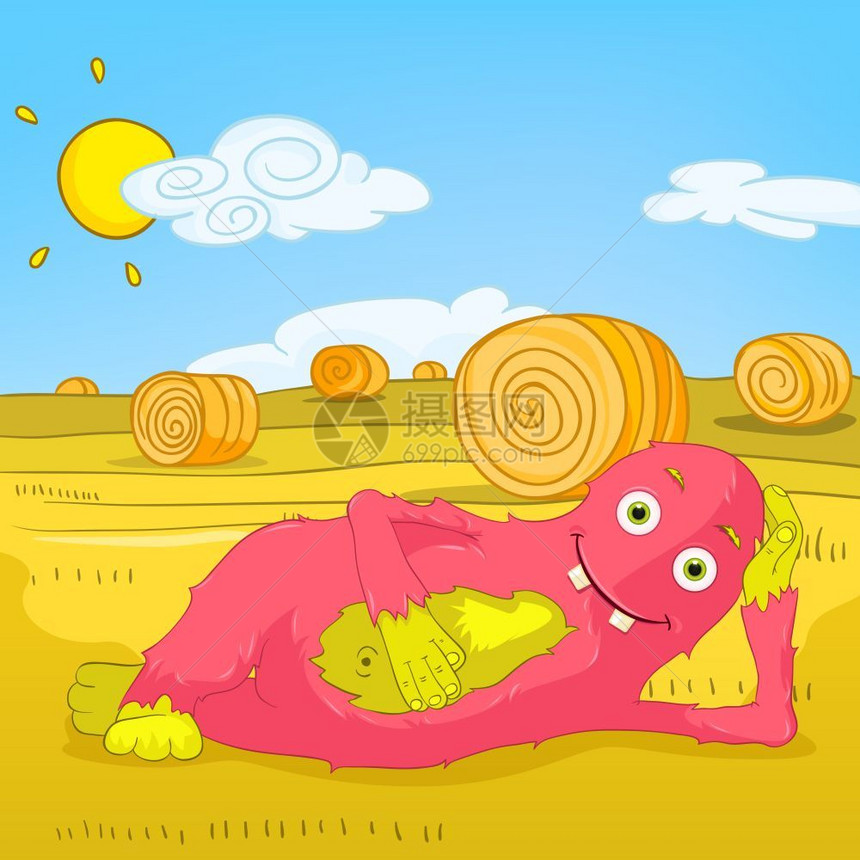 卡通可爱粉红色怪兽瑜伽矢量图图片