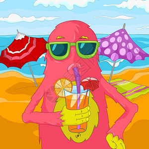 卡通可爱粉红色怪兽海滩上喝饮料矢量插图高清图片