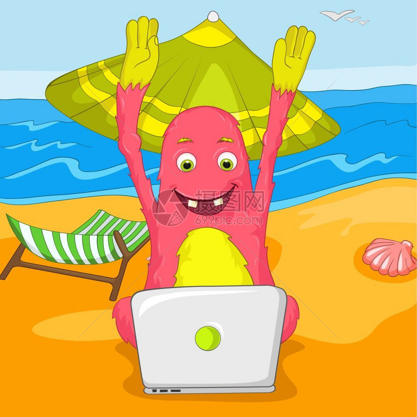 卡通可爱粉红色怪兽玩电脑矢量插图图片