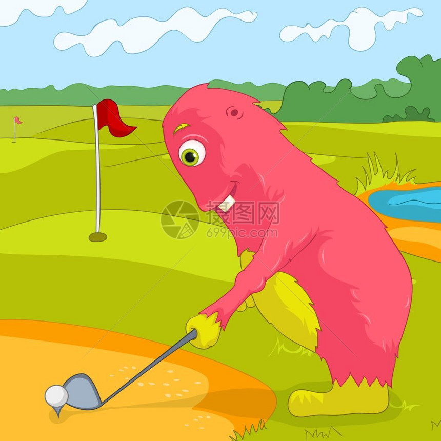 卡通可爱粉红色怪兽打高尔夫球矢量插图图片