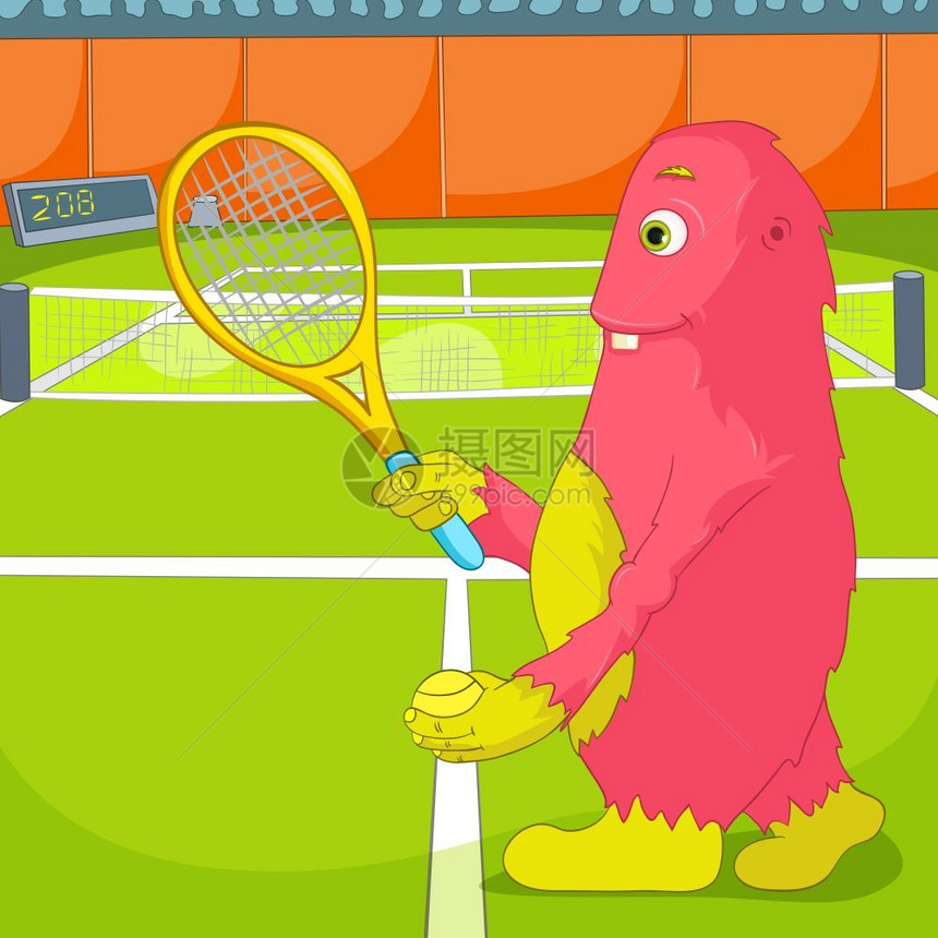 卡通可爱粉红色怪兽打网球矢量插图图片