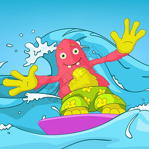 卡通可爱粉红色怪兽冲浪矢量插图图片