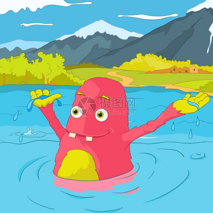 卡通可爱粉红色怪兽游泳矢量插图图片