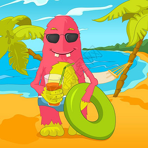 卡通可爱粉红色怪兽海滩度假喝饮料游泳矢量插图图片