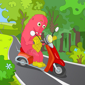 骑摩托车美女有趣的卡通人物在树林里骑车插画