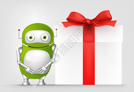 绿色卡通机器人和礼物图片