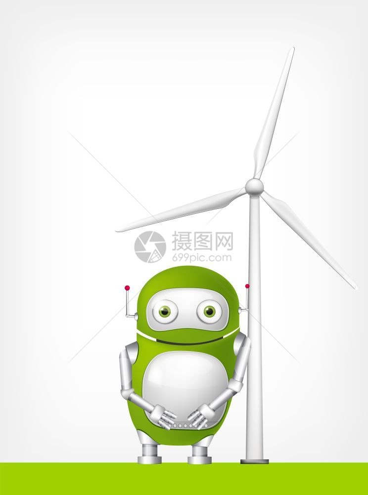 绿色卡通机器人和发电风车图片