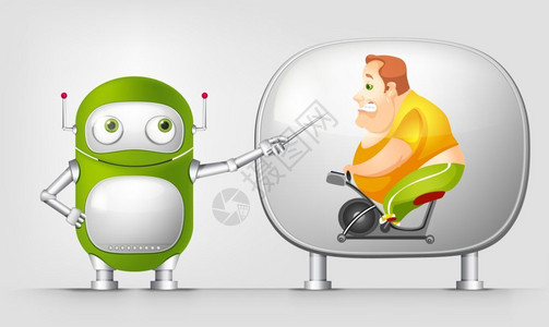 绿色卡通机器人和健身的胖子图片