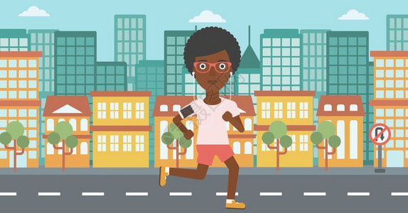 一名非裔女子在城市中跑步卡通矢量插画高清图片